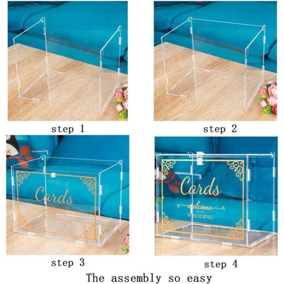 Wedding Card Box With Lock(Acrylic 11×8×8 in),Foldable,Gold Pattern - Picture 2 of 7